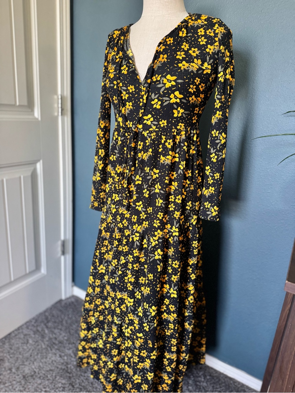 Free People Black Maxi Dress with Yellow Floral Print